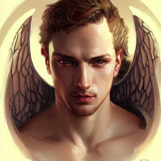 Image similar to up close portrait of a male angel, d & d, face, fantasy, intricate, elegant, highly detailed, digital painting, artstation, concept art, smooth, sharp focus, illustration, art by artgerm and greg rutkowski and alphonse mucha