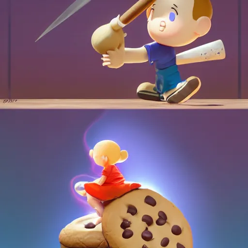 Prompt: ness from earthbound striking a giant chocolate cookie with a baseball bat, smashing it to bits by ruan jia. artstation, volumetric light, detailed, photorealistic, fantasy, rendered in octane