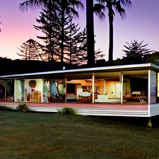 Prompt: a mid-century Eichler Home on the beach at sunset