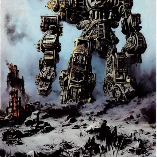 Image similar to a blasted wasteland filled with the ruins of giant mecha, frank frazetta