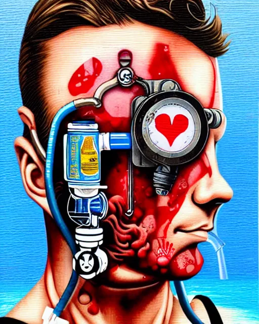 Image similar to diver man wearing oxygen mask, has blood, rose, a pistol and a syringe needle with sea background intricate details with horror side profile by Sandra Chevrier