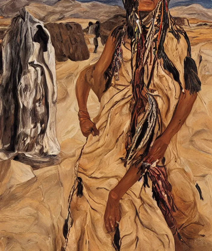 Image similar to full body shot picture of indigenous people woman leader in desert, painted by lucian freud, hd, super detailed, realistic, muted colors
