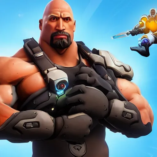 Image similar to screenshot from overwatch dwayne the rock johnson as a overwatch character