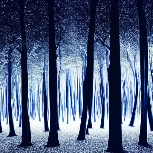 Image similar to An indigo forest in Japan, dark, midnight, seven ghostly white trees