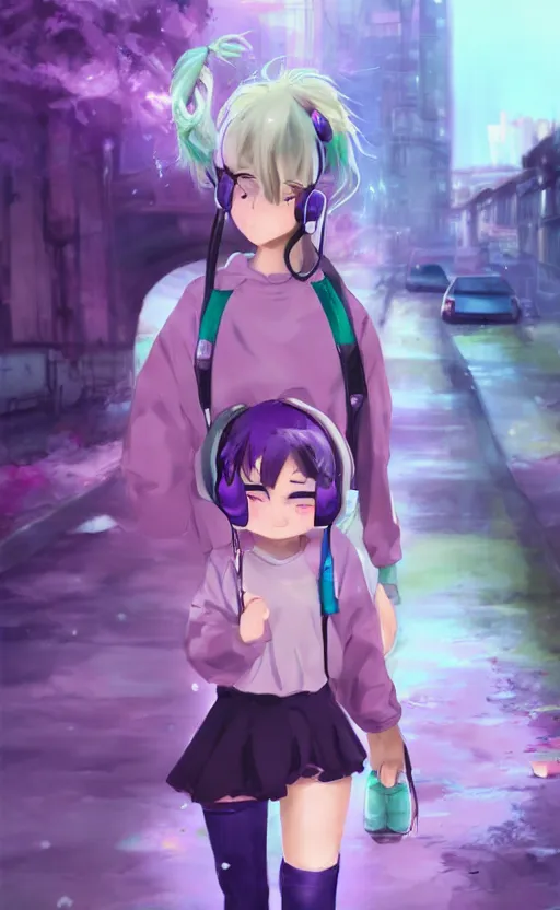 Image similar to anime girl with pink ponytail, wearing purple headphones, wearing a green sweater, with a smile on her face and her eyes closed, walking down a street, dynamic lighting, photorealistic fantasy concept art, trending on art station, very detailed, anime concept art, stunning visuals, creative, cinematic, ultra detailed