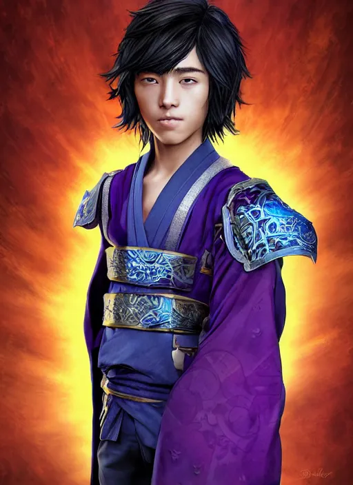 Prompt: An epic fantasy comic book style portrait painting of teenager boy with straight indigo hair, purple eyes with red eye markers, slim body, wearing a detailed Japanese kimono with golden armor pieces, holding a japanese fan. Unreal 5, DAZ, hyperrealistic, octane render, cosplay, RPG portrait, dynamic lighting