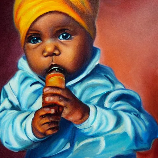 Prompt: ultra detailed painting of a baby holding a cigar