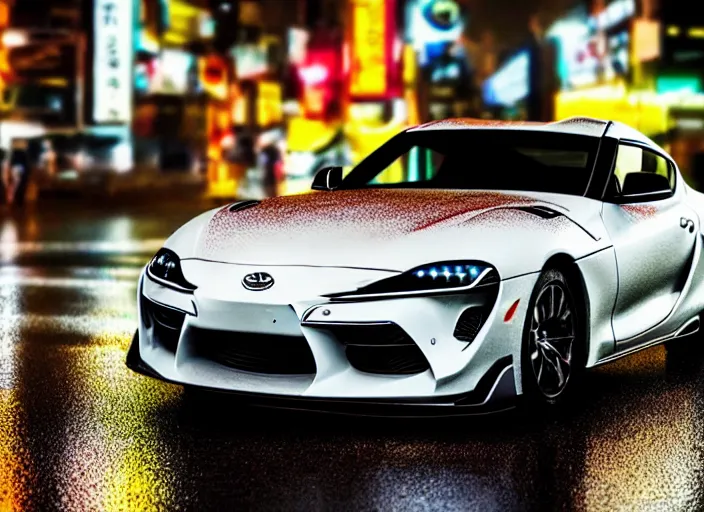 Image similar to symmetry!! close up macro shot of a toyota supra car on wet tokyo street at night, intricate, hyper detailed, smooth, high contrast, neon, volumetric lighting, octane, moebius, greg rutkowski, blade runner, ripley scott, cindmatic