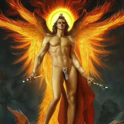 Prompt: Oil canvas of Lucifer, ruler of Inferno, capital sin of Pride, Superbia, natural blonde gold like hair, intricate sophisticated well rounded face, good bone structure, bright glowing eyes as LEDs and neon, lean body, porcelain looking skin, attractive and good looking, tall, invincible, poses triumphantly over Michael the archangel in Heaven, flaming sword light saber, by Michelangelo, Caravaggio,Leonardo da Vinci, Raphael, Donatello and Sandro Botticelli, Dark Fantasy mixed with Socialist Realism, exquisite art, art-gem, dramatic representation, hyper-realistic, atmospheric scene, cinematic, trending on ArtStation, photoshopped, deep depth of field, intricate detail, finely detailed, small details, extra detail, attention to detail, detailed picture, symmetrical, 2D art, digital art, golden hour, oil painting, 8k, 4k, high resolution, unreal engine 5, octane render, arnold render, 3-point perspective, polished, complex, stunning, breathtaking, awe-inspiring, award-winning, ground breaking, concept art, nouveau painting masterpiece