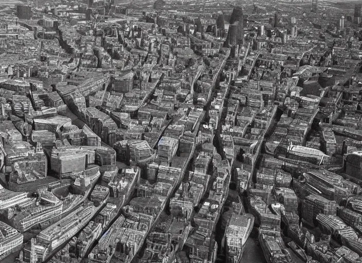 Prompt: London from above, the streets are full of sand, the Thames is dry, there's a heatwave and a mirage effect, apocalyptic future, anamorphic, cinestill cinematrography, unreal engine, 8k