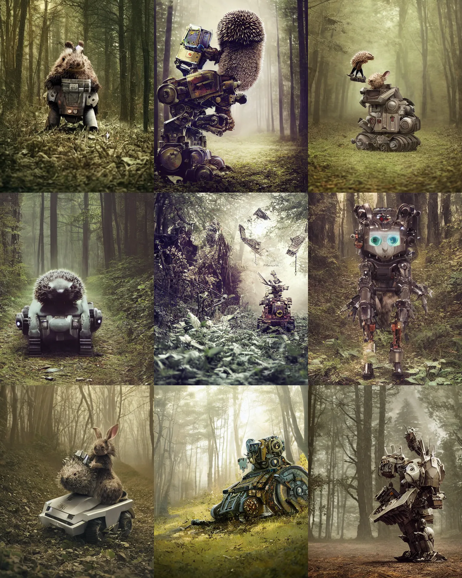 Prompt: hedgehog riding mecha robot war armor battle train as giant rabbit with long ears ,in deep forest hungle , full body , Cinematic focus, Polaroid photo, vintage , neutral dull colors, soft lights, foggy mist , by oleg oprisco , by thomas peschak, by discovery channel, by victor enrich , by gregory crewdson