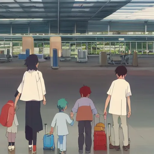 Prompt: A family saying goodbye to their children at a busy airport, by Dice Tsutsumi, Makoto Shinkai, Studio Ghibli