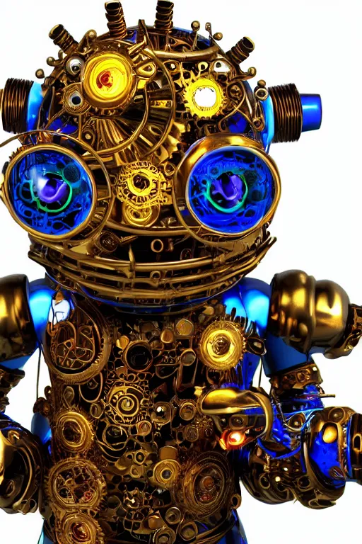 Image similar to photo of a smiling golden and blue metal steampunk robothead covered with multicolored tubes and gears, eyes are glowing red lightbulbs, arms are music instruments, shiny crisp finish, 3 d render, 8 k, insaneley detailed, fluorescent colors, background is holographic patterns