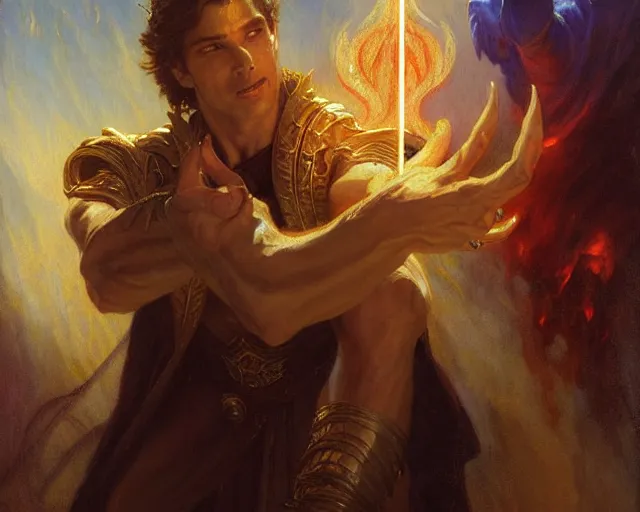 Image similar to attractive male deity, casting demonic magic, summoning handsome lucifer morning star. highly detailed painting by gaston bussiere, craig mullins, j. c. leyendecker 8 k