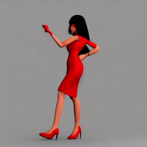 Prompt: woman, red short dress, black hair, by milo manara, 3 d render, red high heels, face, house, illustration, high - poly