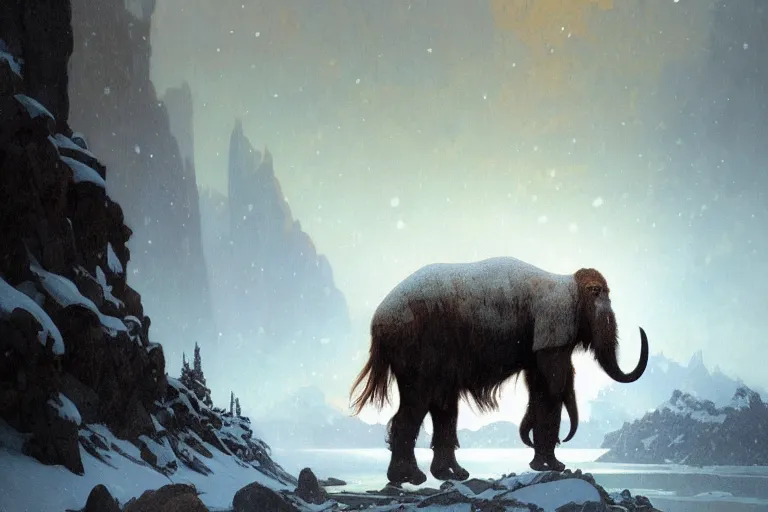 Image similar to a mammoth walking in a terrible snowstorm, luminous sky, by greg rutkowski and alphonse mucha, gradient brown to white, rocky mountains background, highly detailed landscape, digital painting, artstation, concept art, smooth, sharp focus illustration