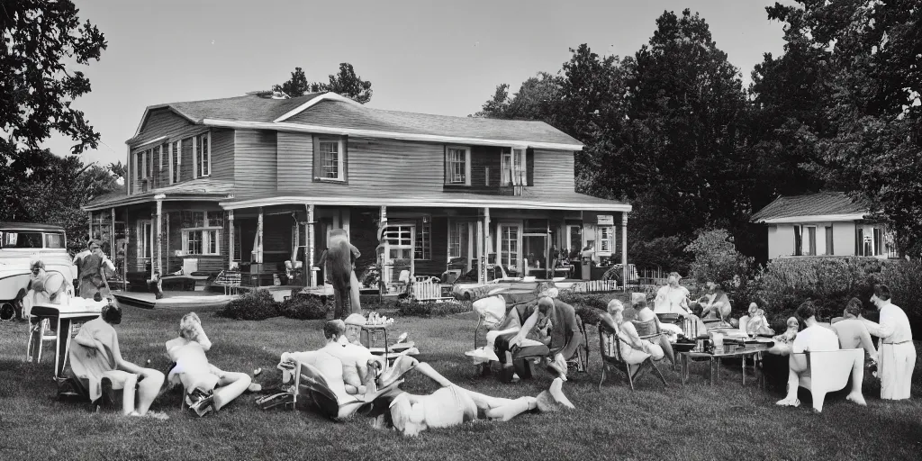 Prompt: detailed sharp photograph in the style of popular science circa 1 9 5 5 and gregory crewdson of a 1 9 5 0 s cocktail party on the lawn of a suburban house mid summer