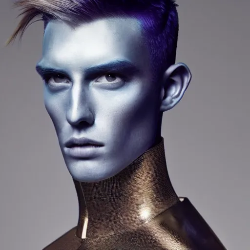 Prompt: a young beautiful male wearing a translucide iridiscent armor, photographed by Erwin Olaf for Vogue