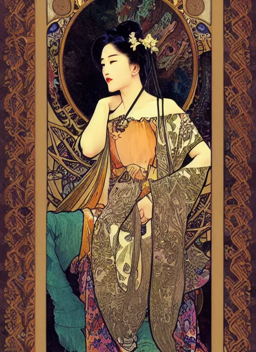 Prompt: Liu yifei sitting on the throne on a tarot card, tarot in art style by Alphonse Mucha