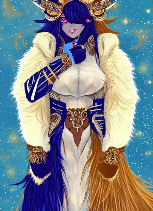 Prompt: commissioned full body portrait of a female anthro wolf princess fursona with white fur and long red hair hair wearing a blue and gold Japanese armored dress in a white and gold palace on a starry night with a large crescent moon, by a professional manga illustrator, by Kilian Eng, by Sandra Chevrier, trending on artstation