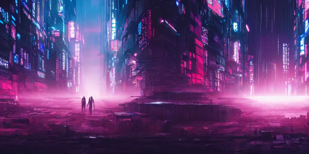 Image similar to 4k dystopian cyberpunk landscape with dark clouds in red blue and purple in a modern anime movie