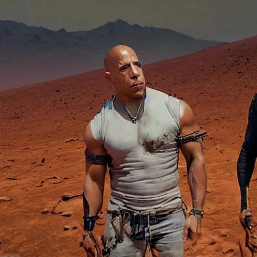 Image similar to candid photo of Vin Diesel as a witchdoctor on Mars fighting valiantly against Elon Musk by Annie Leibowitz, photorealisitc, extremely detailed