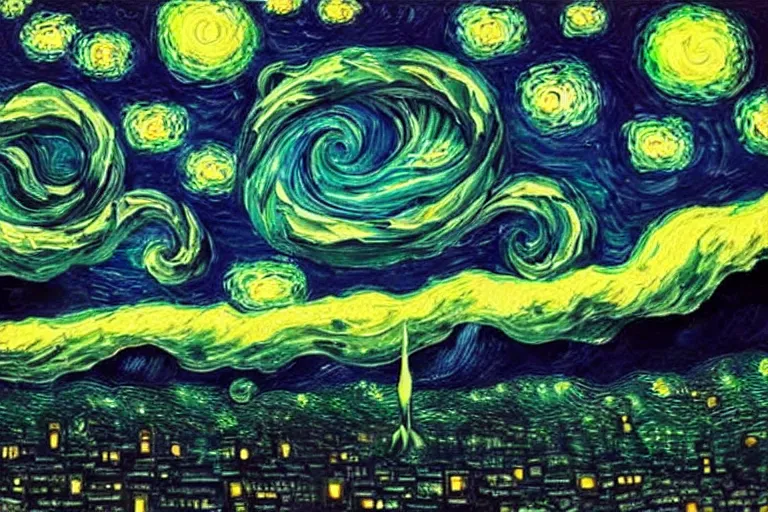 Image similar to man is seeing old god cthulhu terrifying the night sky of a city, epic scene oil painting hyper - detailed realistic dark van gogh style