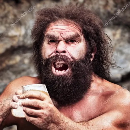 Image similar to photo of ancient caveman surprised to discover beer for the first time, high detail, ultra realistic, 4k UHD, pristine