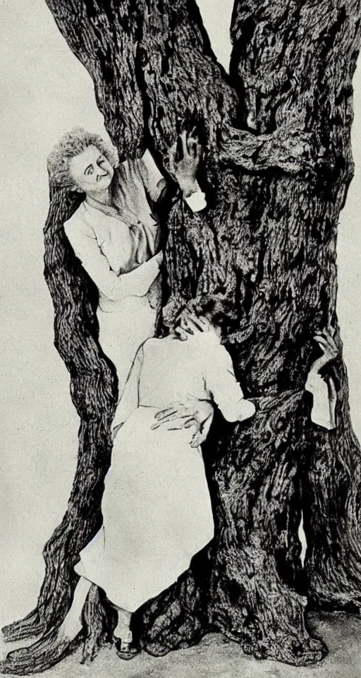 Image similar to Marie Curie hugging a tree by Salvador Dalí