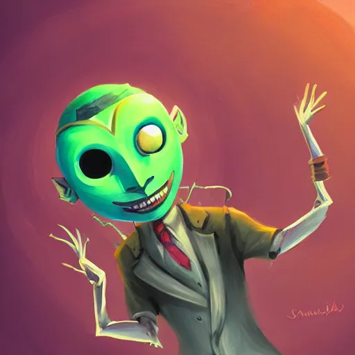 Prompt: a portrait of the happy mask salesman from majora's mask, art by lois van baarle and loish and ross tran and rossdraws and sam yang and samdoesarts and artgerm and saruei and disney, digital art, highly detailed, intricate, sharp focus, trending on artstation hq, deviantart, unreal engine 5, 4 k uhd image