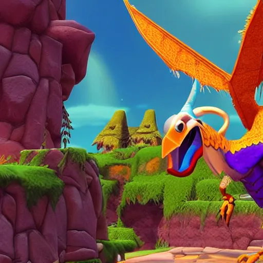 Prompt: screenshot of a humanoid griffin bard with a feather in its cap as an enemy in spyro the dragon video game, with playstation 1 graphics, activision blizzard, upscaled to high resolution