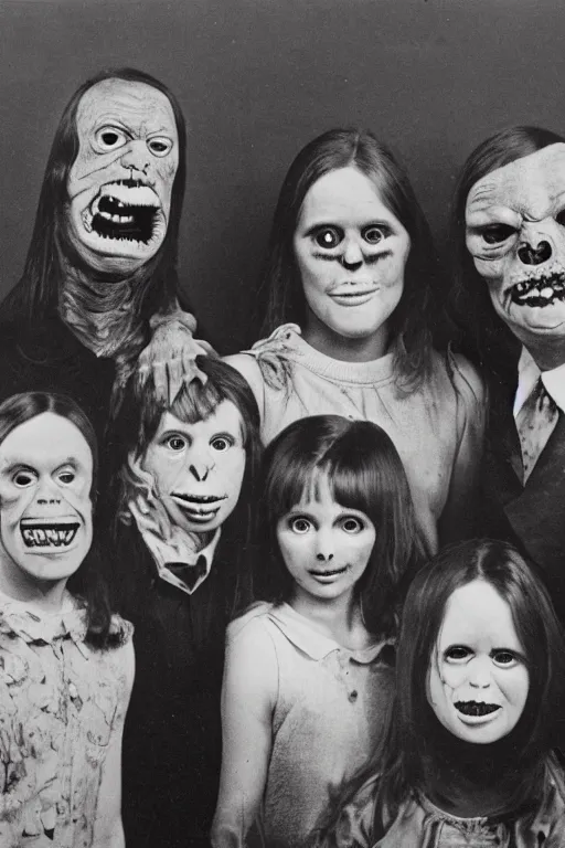 Image similar to mugwump mutant family photo, 1 9 7 0 s, olan mills studio, creepy, scary, nightmare, color, grotty, ugly, terrified