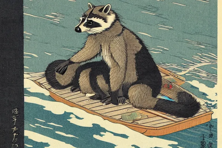 Image similar to raccoon dressed in a kimano floats on a boat on the waves, Hasui Kawase, dramatic