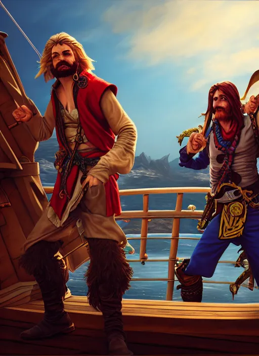 Image similar to an epic fantasy comic book style portrait painting of two bumbling idiot sky - pirates on the deck of a skyship looking at a chest, unreal 5, daz, hyperrealistic, octane render, cosplay, rpg portrait, dynamic lighting, very detailed faces