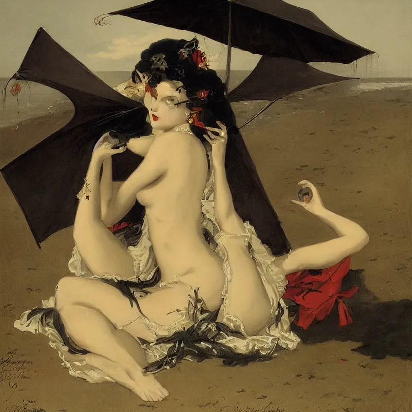 Prompt: portrait of a beautiful and grim vampire queen under a large beach umbrella being splashed by water suddenly by William-Adolphe Bouguerea