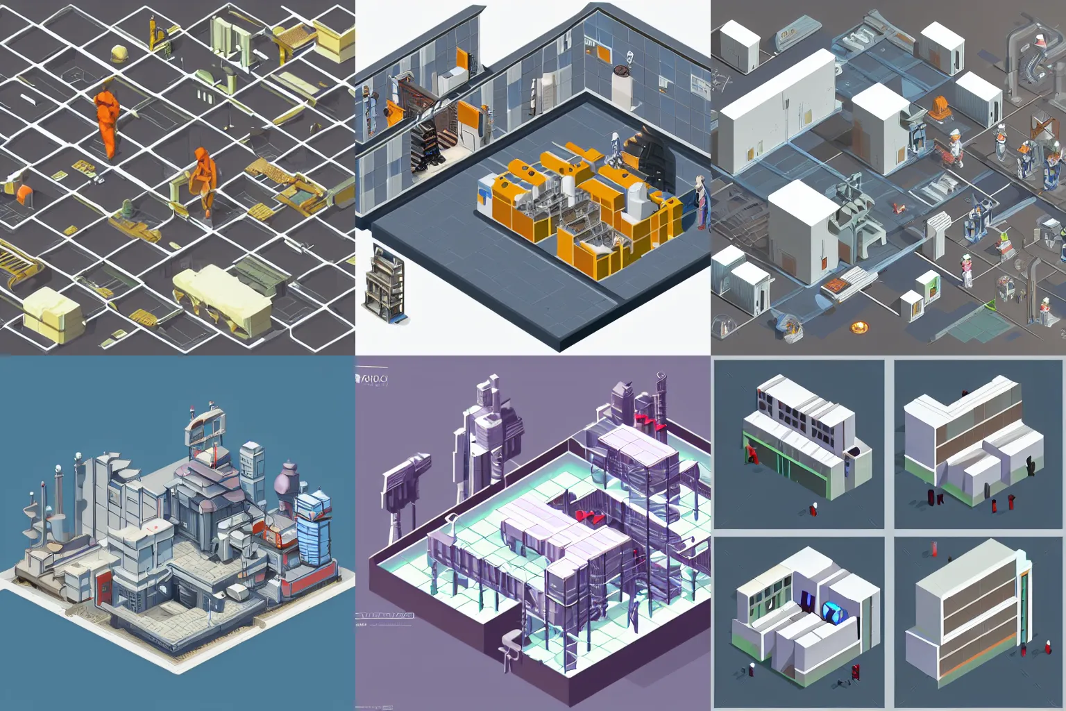 Prompt: isometric concept art of cyberpunk factory, browns and whites, mirror\'s edge