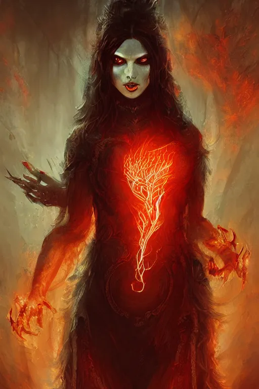 Image similar to Beautiful Sorceress of Fire, Glowing Red Eyes, professional illustration by Seb McKinnon, ArtGerm, WLOP, fantasy, magic, powerful presence, boss fight