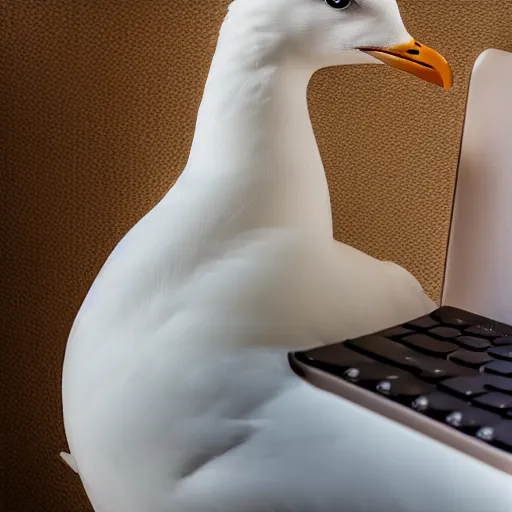 Image similar to an angry seagull typing at a computer in it's bedroom, close up, studio portrait