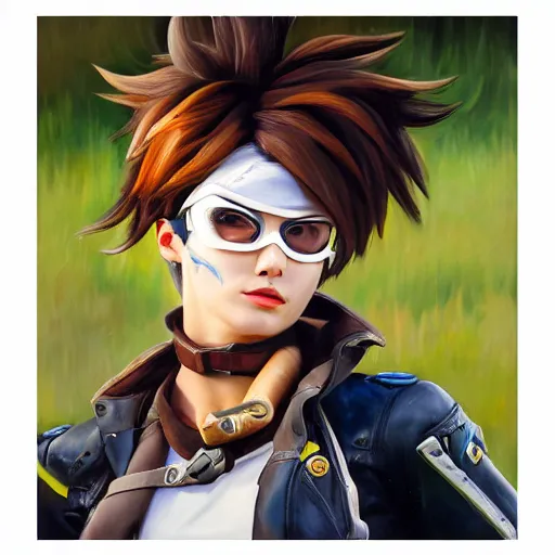 Image similar to oil painting of tracer overwatch in a field wearing large leather belt choker around neck, in style of mark arian, expressive face, detailed face, detailed eyes, full body, feminine face, tracer overwatch,