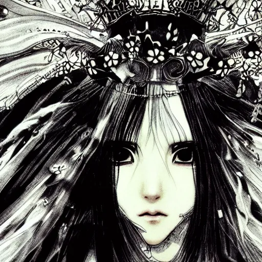 Image similar to yoshitaka amano blurred and dreamy illustration of an anime girl with black eyes, wavy white hair fluttering in the wind wearing elden ring armor and crown with engraving, highly detailed face, abstract black and white patterns on the background, noisy film grain effect, highly detailed, renaissance oil painting, weird portrait angle, blurred lost edges, three quarter view