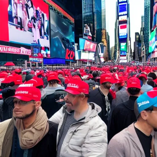 Prompt: still of donald trump clones invading time square, wearing maga hats ( 2 0 2 1 ) - n 9