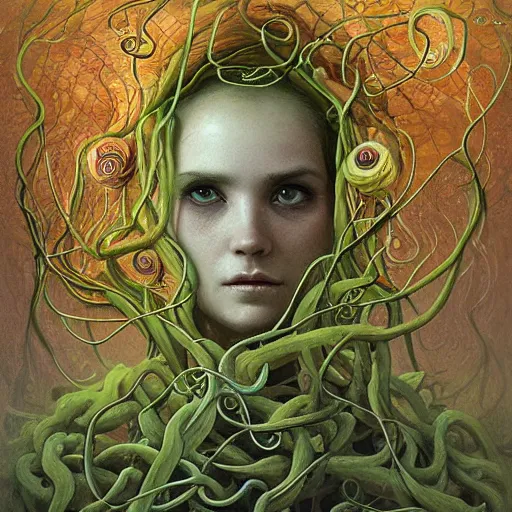 Prompt: very detailed portrait of a 2 0 years old girl surrounded by tentacles, the youg woman visage is blooming from fractal and vines, painted by esao andrews and karol bak and zdzislaw beksinski and zdzisław beksinski
