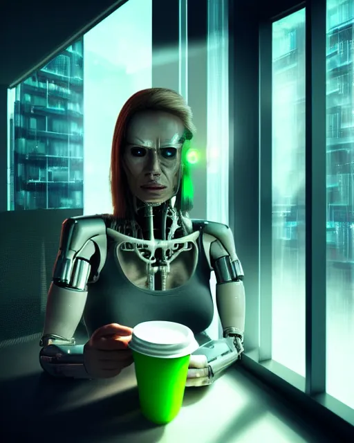 Prompt: a terminator cyborg lady with borg implants and a human face is drinking coffee near a window with dystopian city visible outside. tiny green led lights in her cybernetics. very detailed 8 k. horror cyberpunk style.