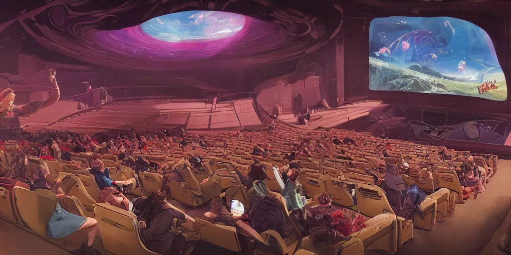 Image similar to choose your own adventure style cinema, multiple screens, astonishingly large cinema hall, detailed concept art, kids flying through the cinema, holodeck futuristic entertainment, theatre by moebius, amphitheatre crowd, incredible masterpiece