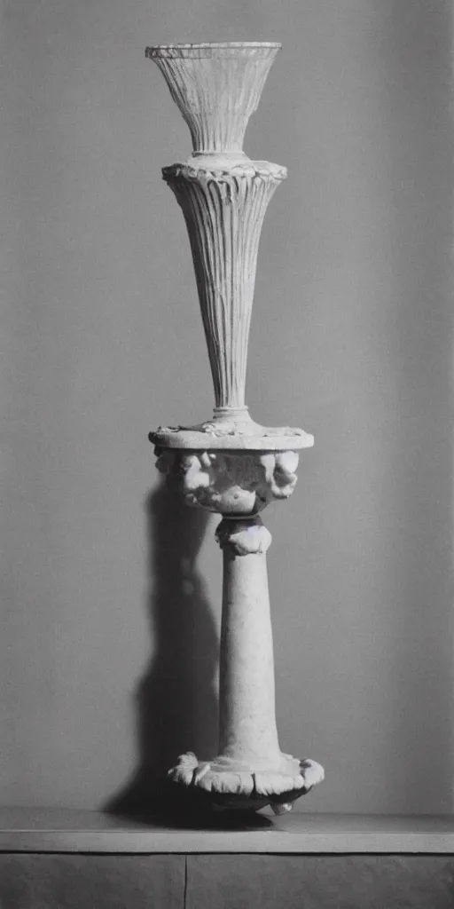 Image similar to an ornate vase, on a pedestal by Marcel Duchamp in an empty white room, courtesy of Centre Pompidou, film photo, dramatic lighting