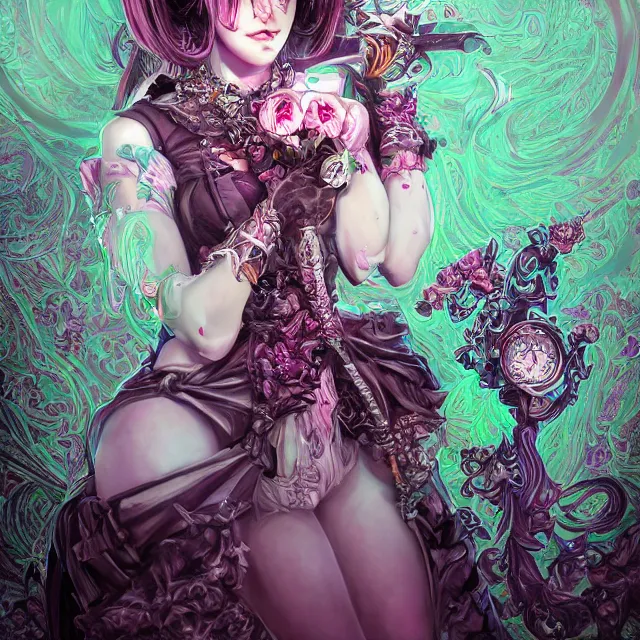 Image similar to the portrait of chaotic evil female necromancer mastermind as absurdly beautiful, gorgeous, elegant, cute young gravure idol, an ultrafine hyperdetailed illustration by kim jung gi, irakli nadar, intricate linework, bright colors, octopath traveler, final fantasy, unreal engine 5 highly rendered, global illumination, radiant light, detailed and intricate environment