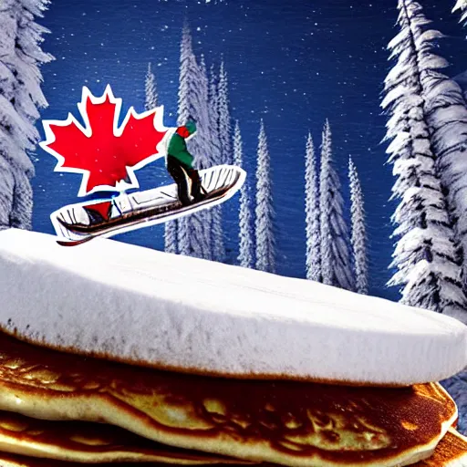 Image similar to a canadian hoser jumping a snowmobile over a giant stack of maple syrup pancakes, photorealistic, hyper realistic