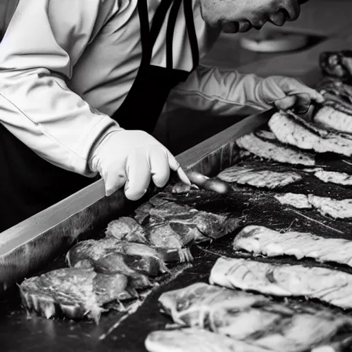 Prompt: low angle view closeup of a butcher working