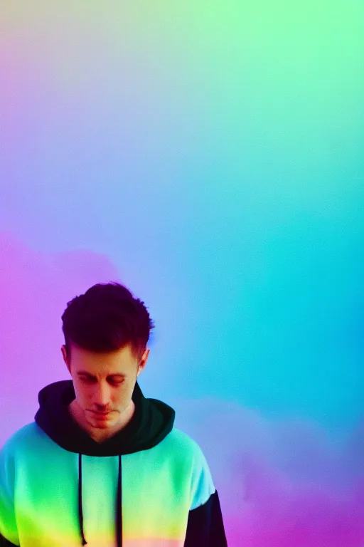 Image similar to high quality pastel coloured film photograph of a man wearing a black hoodie resting on cloud furniture clouds in a haze filled dreamstate world. three point light, rainbow. photographic production. art directed. pastel colours. volumetric clouds. pastel gradient overlay. waves glitch artefacts. 8 k. filmic.