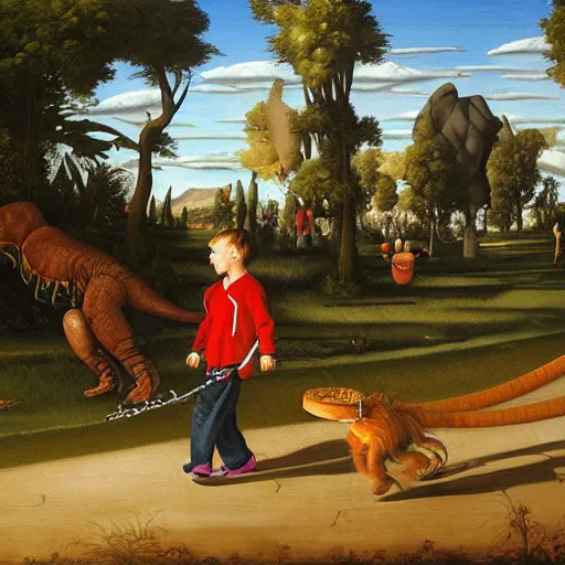 Prompt: dream a kid at the park walking a trex on a leash, renaissance oil painting by George Lucas and Jarosław Jaśnikowski and Dan Mumford, hyperralistic, hyperdetailed